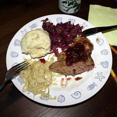 Red Cabbage, Potato Dumplings, Beef with Cranberry sauce and Sauerkraut